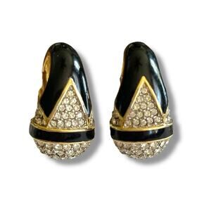 Vintage 80s 90s black enamel and rhinestone earrings